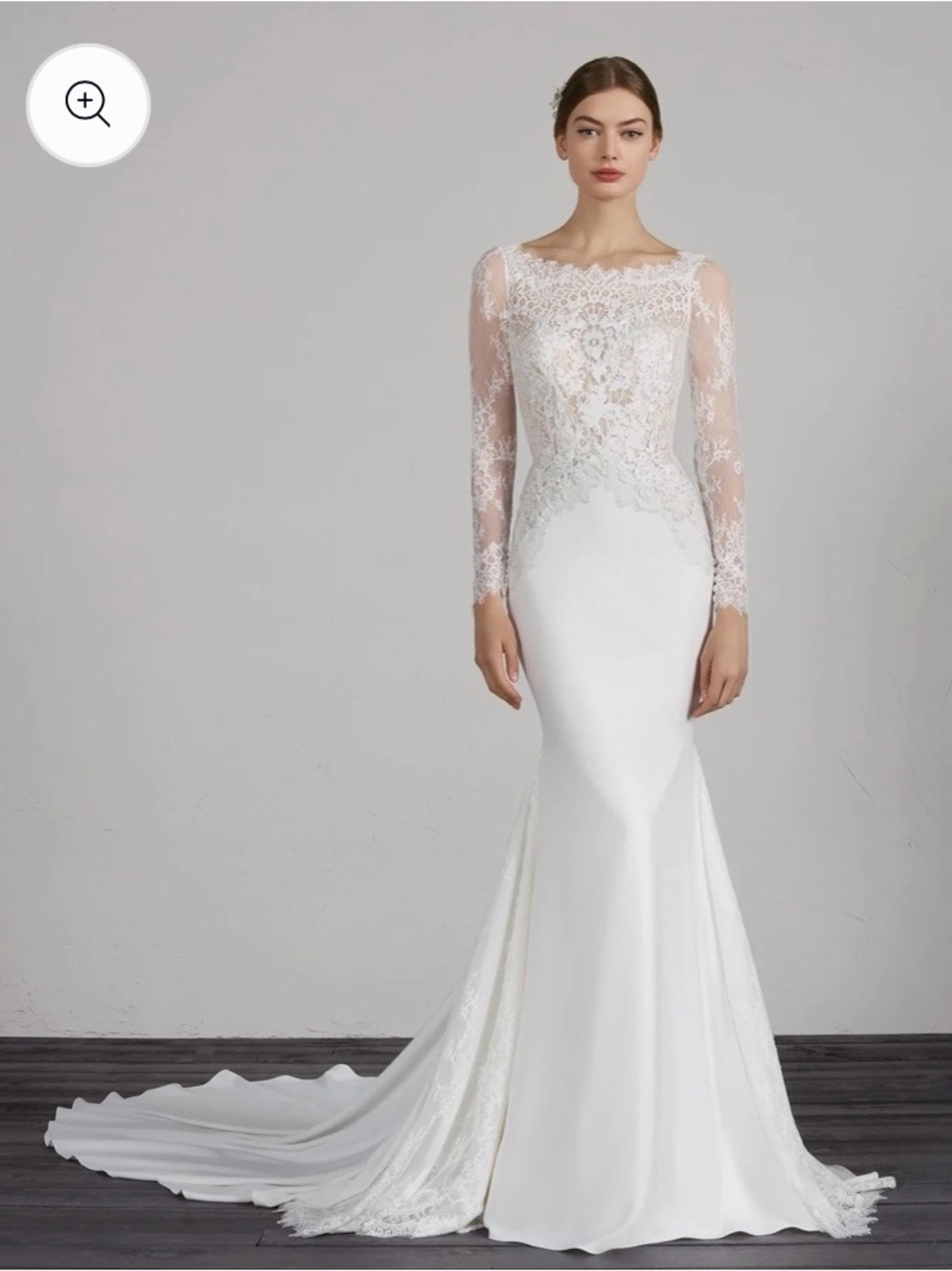 Pronovias Mystic White Lace Long-Sleeve Fitted Bridal Gown